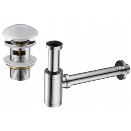 Mexen half-basin round bottle trap with ceramic click-clack plug, with overflow, chrome/white - 7992050-02