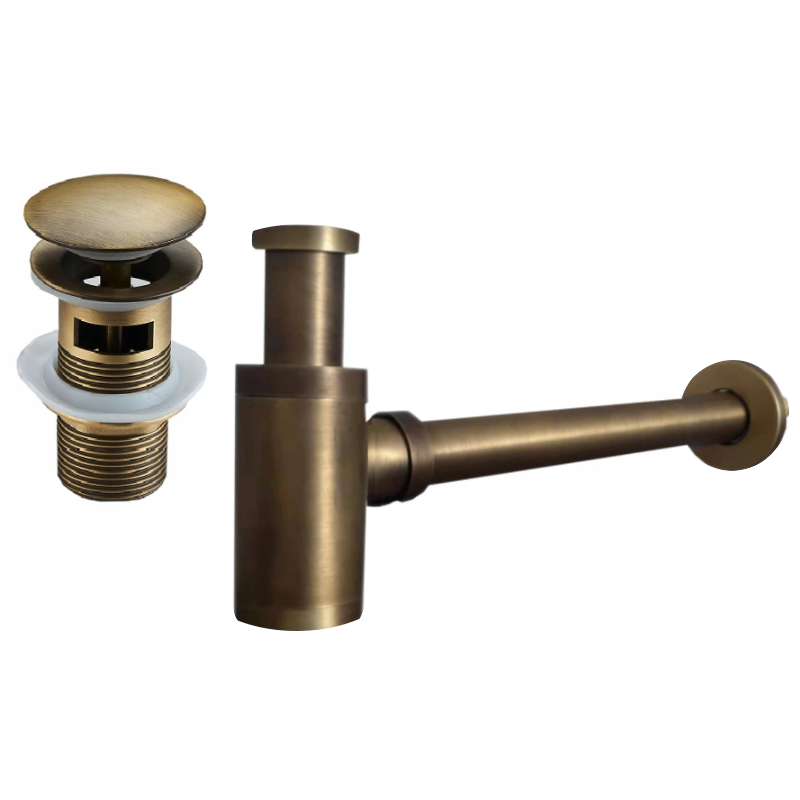 Mexen sifón parcial redondo para lavabo con tapón click-clack, con rebosadero, bronce antiguo - 7992050-30