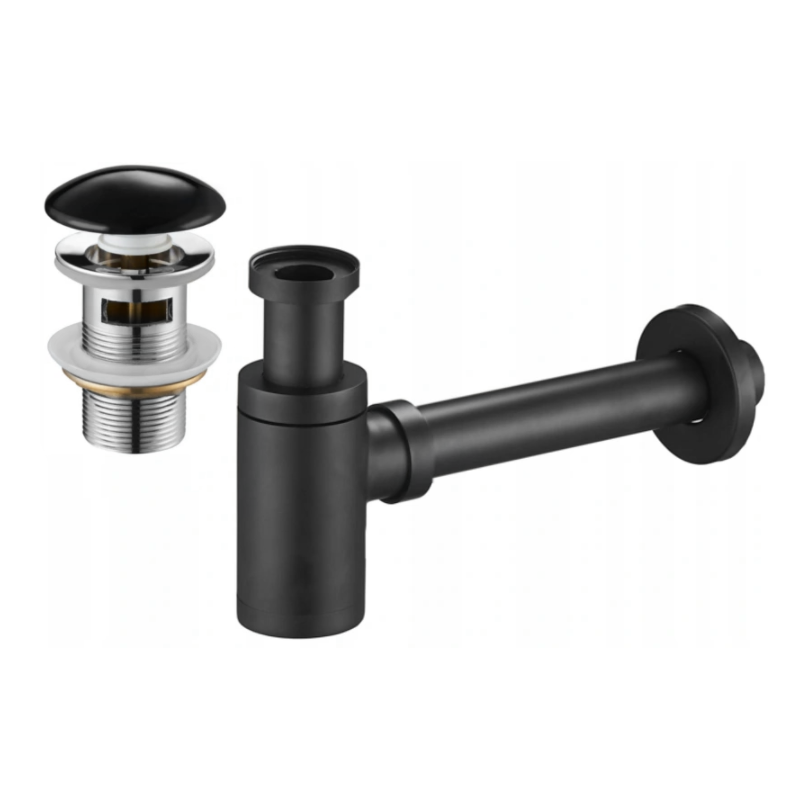 Mexen mezzo sifone lavandino rotondo con tappo ceramico clic-clac, con troppopieno, nero - 7992050-75