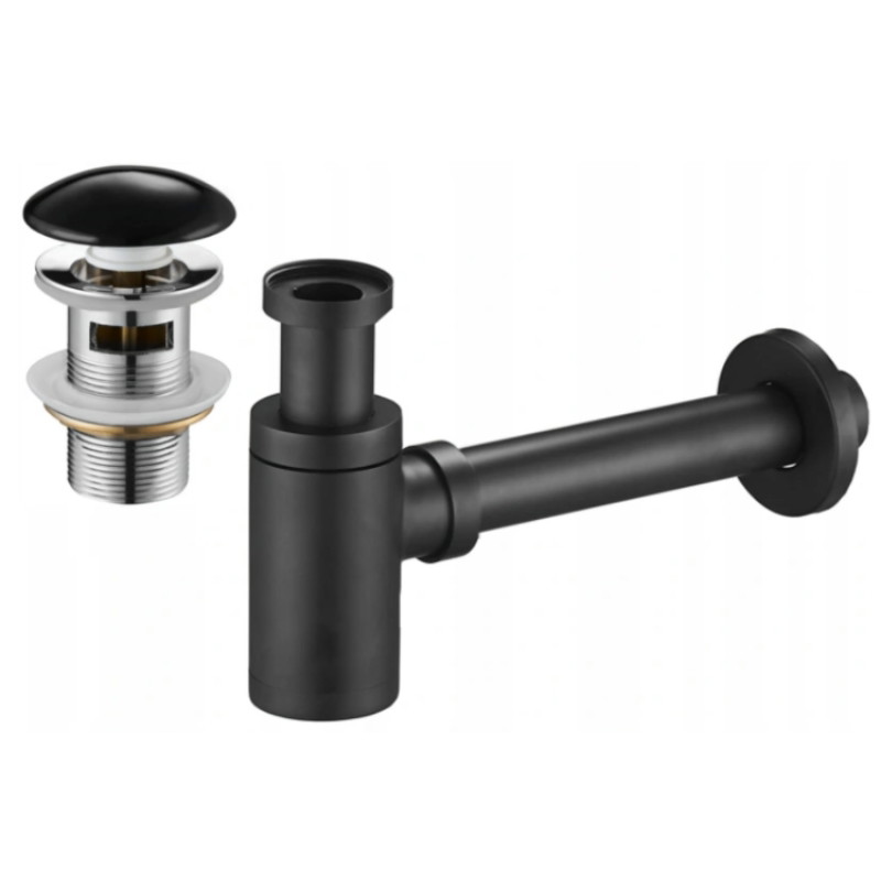 Mexen round sink bottle trap with ceramic click-clack stopper, with overflow, black - 7992050-75