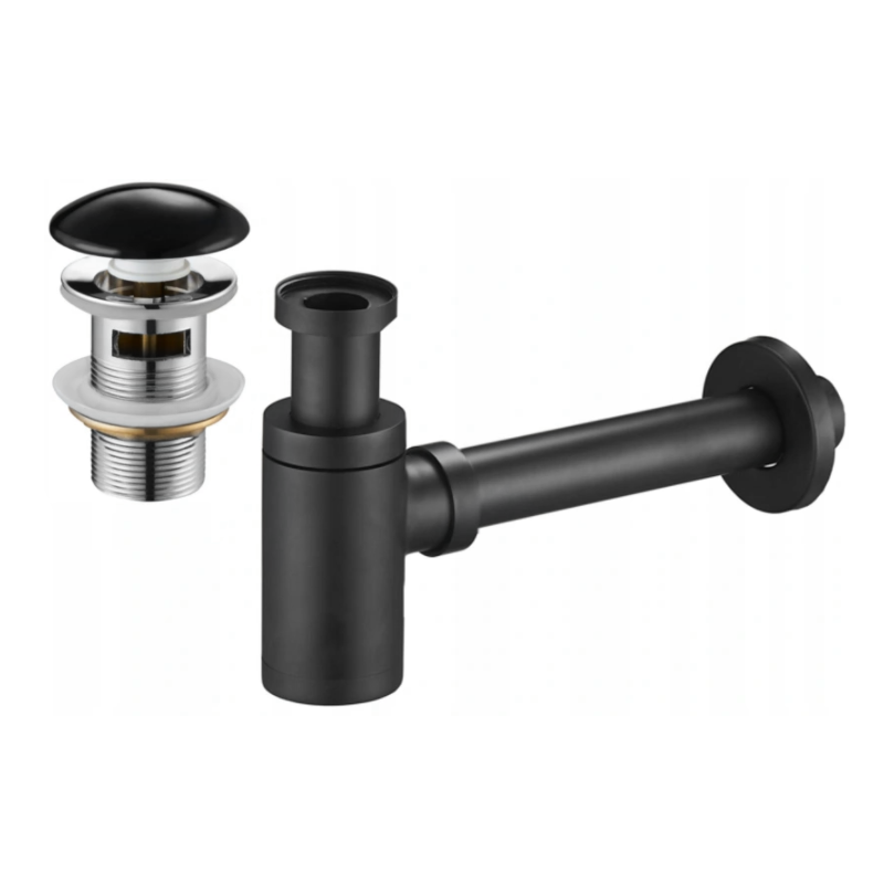 Mexen round washbasin semi-siphon with ceramic click-clack plug, with overflow, black - 7992050-75