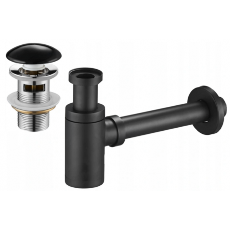 Mexen sifón de lavabo semicircular redondo con tapón cerámico clic-clac, con rebosadero, negro - 7992050-75