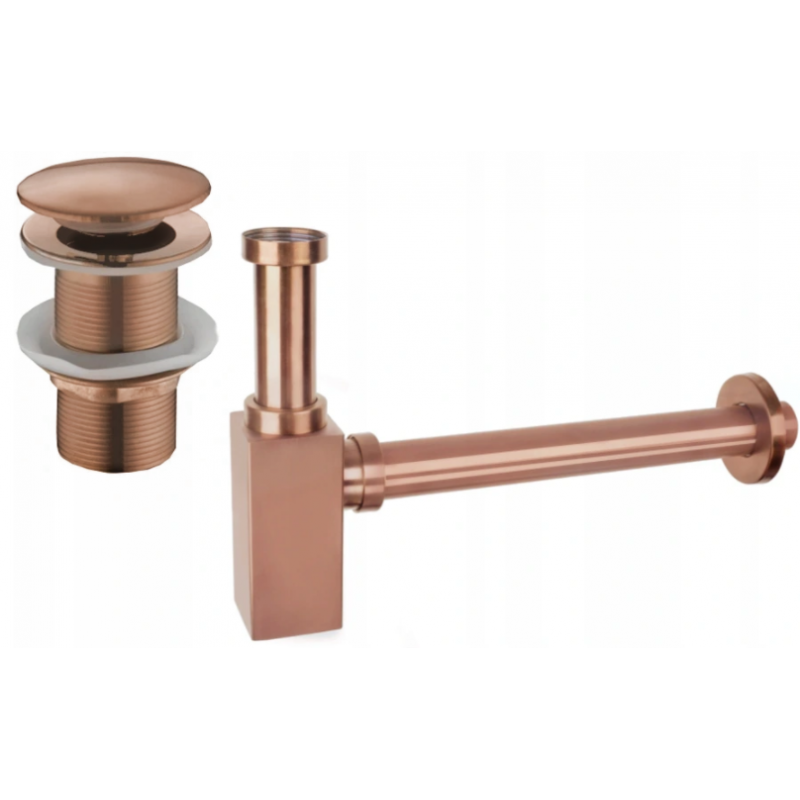 Mexen demi-siphon de lavabo carré avec bouchon clic-clac, sans trop-plein, or rose - 7991060-60