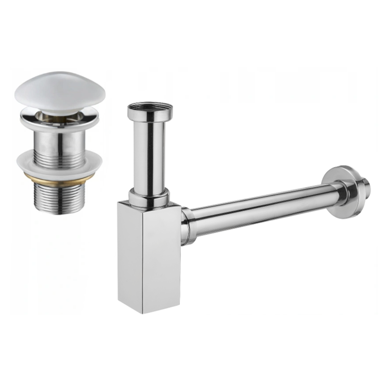 Mexen quadratesche Lavabosyphon mat Keramikkork Klick-Klack, oun Iwwerfloss, Chrom/Wei - 7991060-02