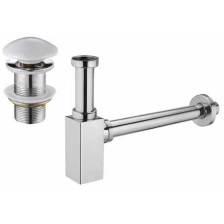 Mexen semisifón de lavabo cuadrado con tapón cerámico clic-clac, sin rebosadero, cromo/blanco - 7991060-02