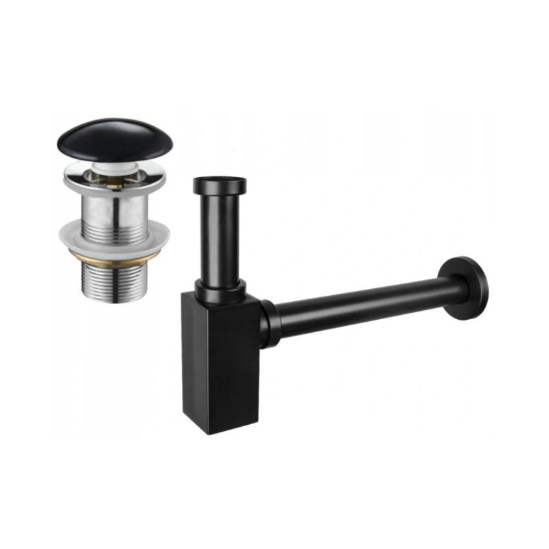 Mexen half-basin square siphon with ceramic click-clack plug, without overflow, black - 7991060-75