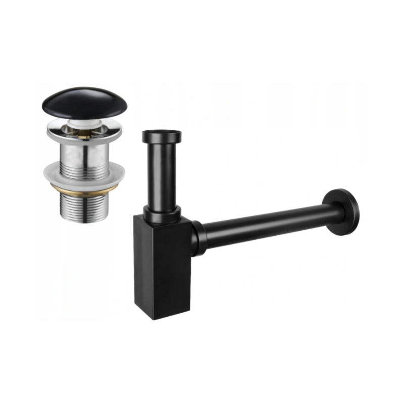 Mexen sifón semicircular de lavabo cuadrado con tapón cerámico clic-clac, sin rebosadero, negro - 7991060-75