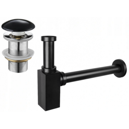 Mexen half-basin square siphon with ceramic click-clack plug, without overflow, black - 7991060-75