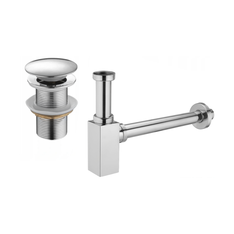 Mexen half-basin square bottle trap with click-clack plug, without overflow, chrome - 7991060-00