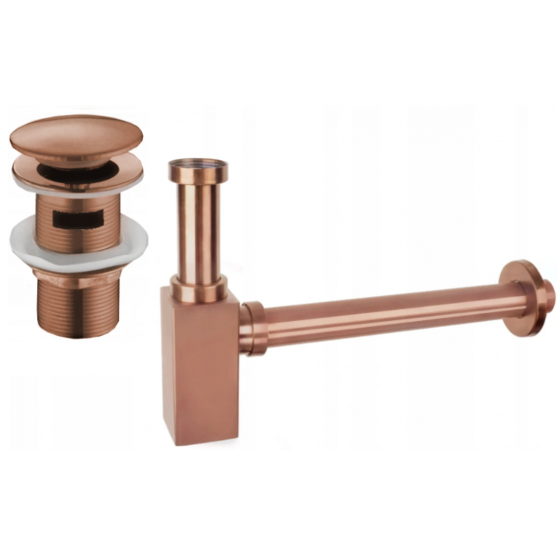 Mexen demi-siphon de lavabo carré avec bouchon clic-clac, avec trop-plein, or rose - 7992060-60
