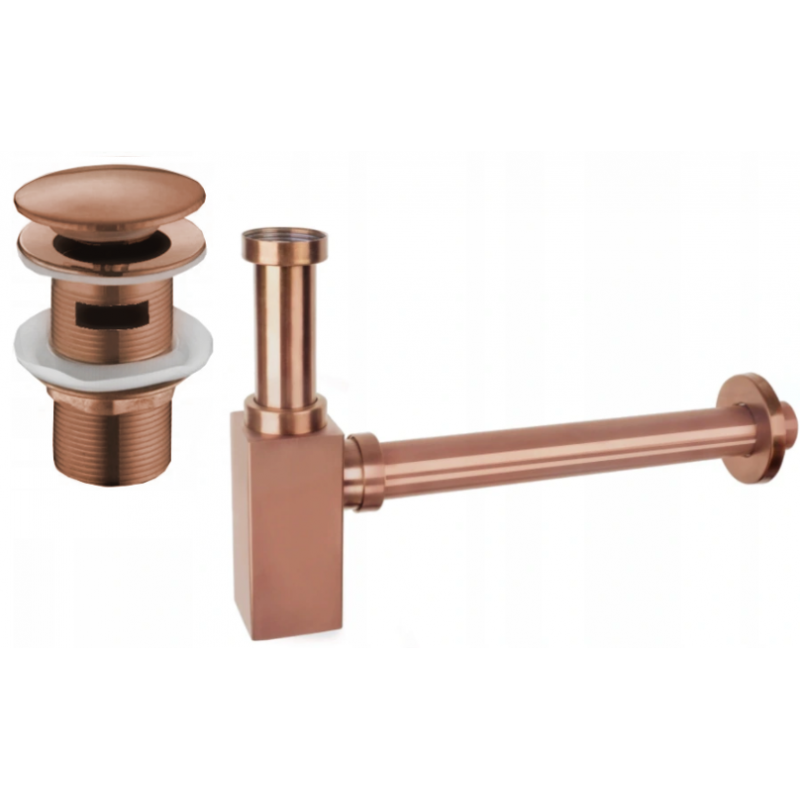 Mexen halve wastafel sifon vierkant met klik-klak stop, met overloop, roze goud - 7992060-60