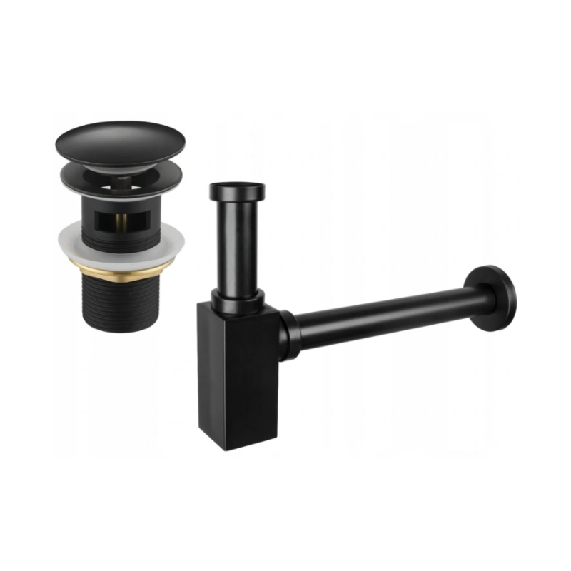 Mexen half-basin square basin trap with click-clack stopper, with overflow, black - 7992060-70