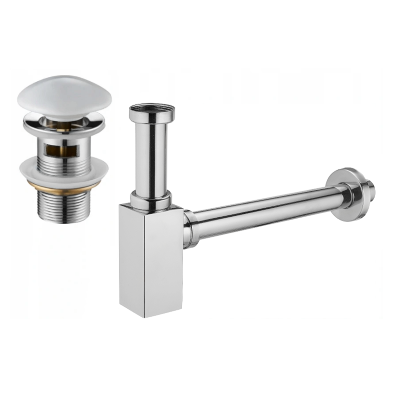 Mexen sifón medio cuadrado para lavabo con tapón cerámico clic-clac, con rebosadero, cromo/blanco - 7992060-02