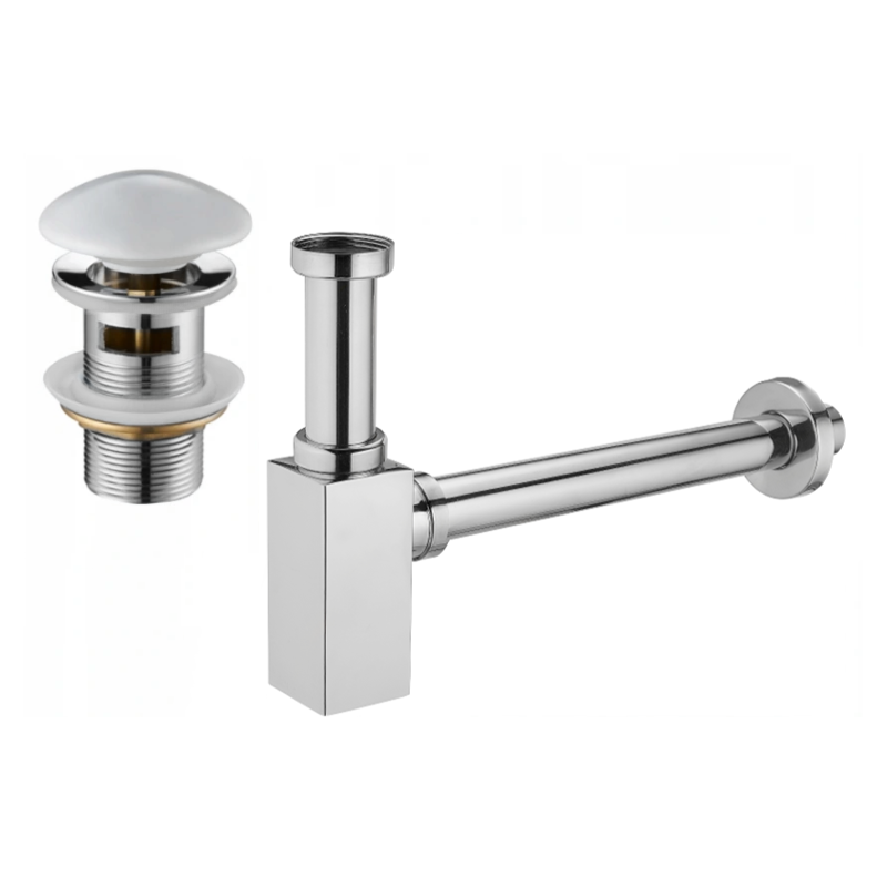 Mexen square washbasin semi-siphon with ceramic click-clack plug, with overflow, chrome/white - 7992060-02