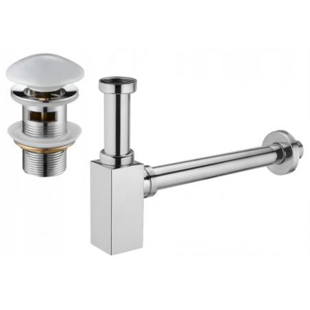 Mexen sifón medio cuadrado para lavabo con tapón cerámico clic-clac, con rebosadero, cromo/blanco - 7992060-02