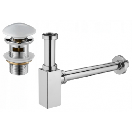 Mexen square washbasin semi-siphon with ceramic click-clack plug, with overflow, chrome/white - 7992060-02