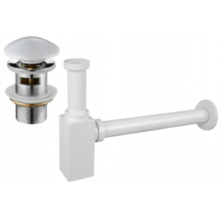 Mexen sifón semi cuadrado para lavabo con tapón cerámico clic-clac, con rebosadero, blanco - 7992060-25