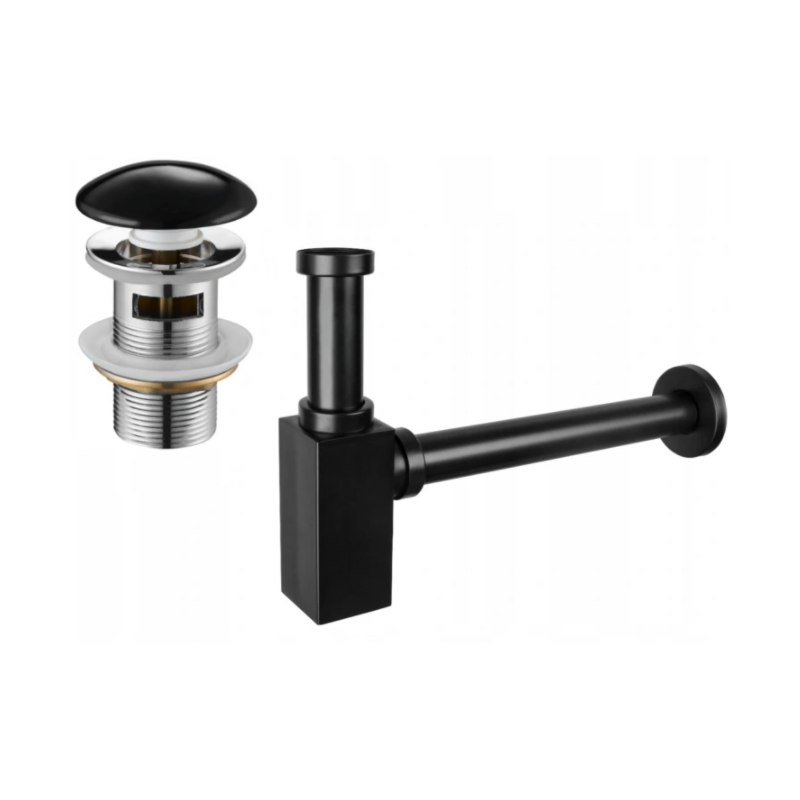 Mexen semi-sifone lavabo quadrato con tappo in ceramica clic-clac, con troppo pieno, nero - 7992060-75