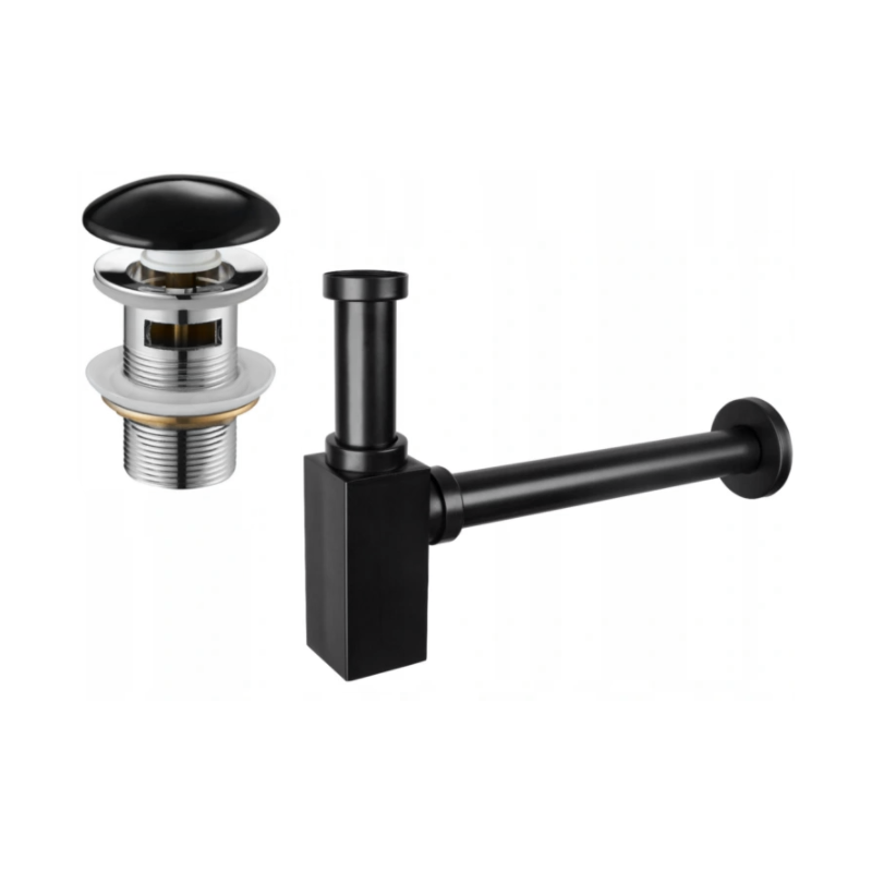 Mexen sifón parcial de lavabo cuadrado con tapón cerámico clic-clac, con rebosadero, negro - 7992060-75