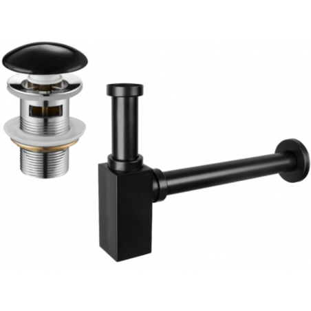 Mexen demi-siphon d'évier carré avec bouchon céramique clic-clac, avec trop-plein, noir - 7992060-75