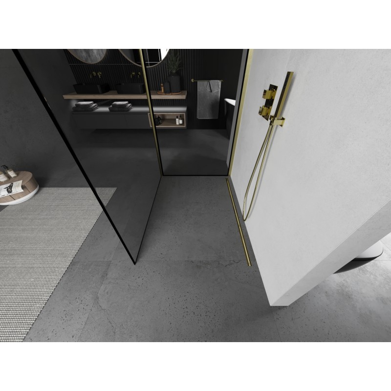 Mexen Kioto tuš zaslon Walk-in 130 x 80 cm, črni okvir, brušeno zlato - 800-130-212-55-70-080
