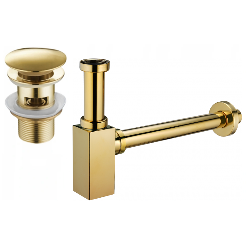 Mexen semi-sifone quadrato per lavabo con tappo clic-clac, con troppopieno, oro - 7992060-50