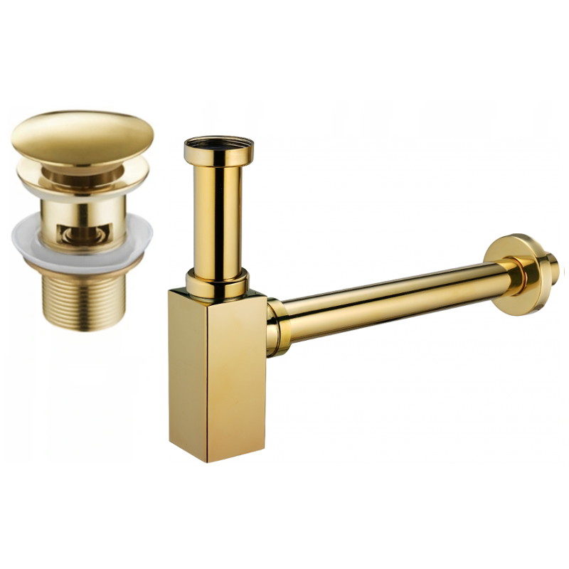 Mexen square washbasin semi-siphon with click-clack plug, with overflow, gold - 7992060-50
