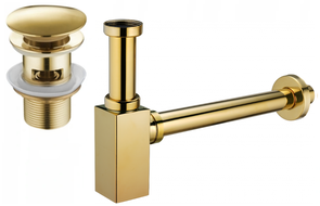 Mexen semi-sifone quadrato per lavabo con tappo clic-clac, con troppopieno, oro - 7992060-50