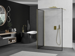 Mexen Kioto panel de ducha Walk-in 140 x 100 cm, marco negro, dorado cepillado - 800-140-212-55-70-100