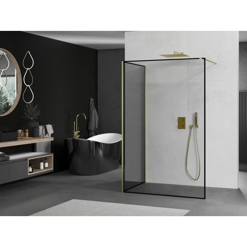 Mexen Kioto Walk-in Shower Wall 130 x 100 cm, Black Frame, Gold Brushed - 800-130-212-55-70-100