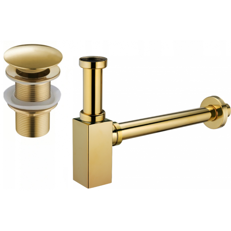 Mexen demi-siphon de lavabo carré avec bouchon clic-clac, sans trop-plein, doré - 7991060-50