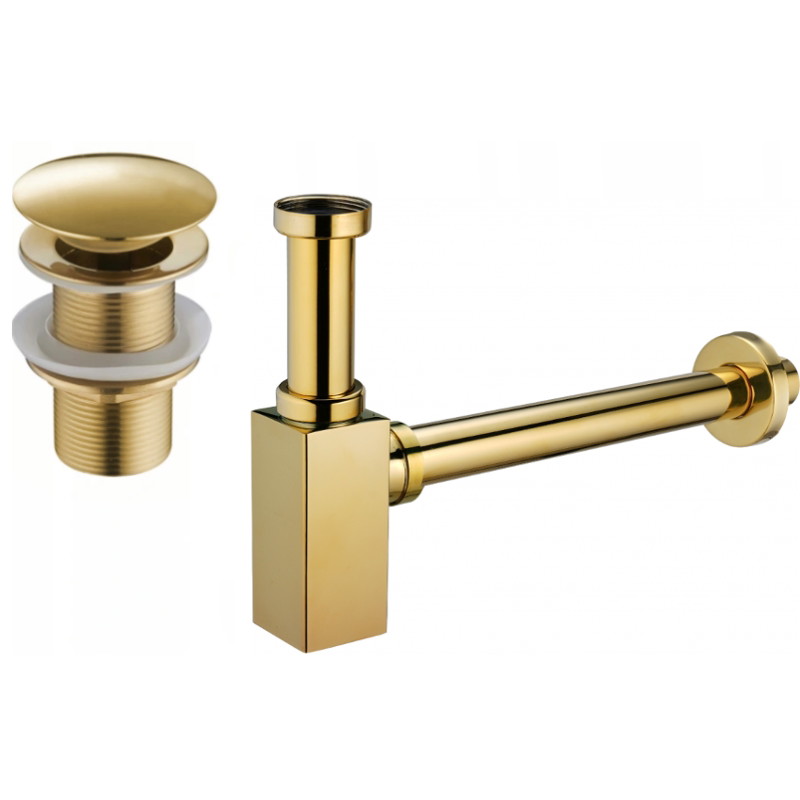 Mexen square washbasin half siphon with click-clack plug, without overflow, gold - 7991060-50
