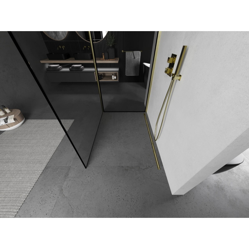 Mexen Kioto zidni panel za tuš Walk-in 140 x 110 cm, crni okvir, zlatna četkana - 800-140-212-55-70-110