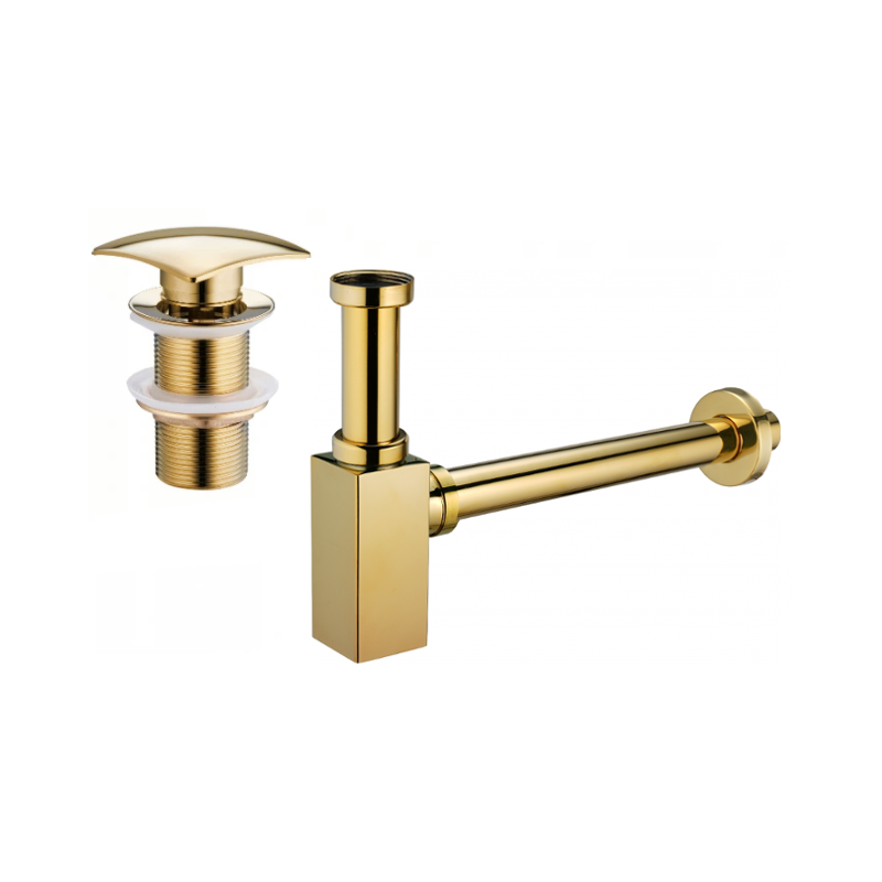 Mexen medio sifón de lavabo cuadrado con tapón click-clack, sin rebosadero, dorado - 7991660-50