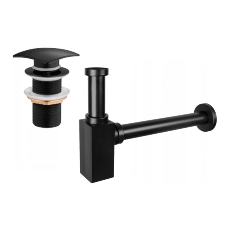 Mexen neliönmuotoinen puolisyfonipesuallas, jossa klik-klak-tulppa, ilman ylivuotoa, musta - 7991660-70