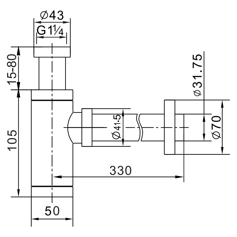 Mexen sifón medio cuadrado para lavabo con tapón clic-clac, con rebosadero, cromo - 7992660-00