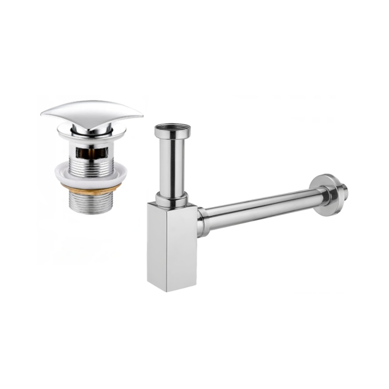 Mexen sifón medio cuadrado para lavabo con tapón clic-clac, con rebosadero, cromo - 7992660-00