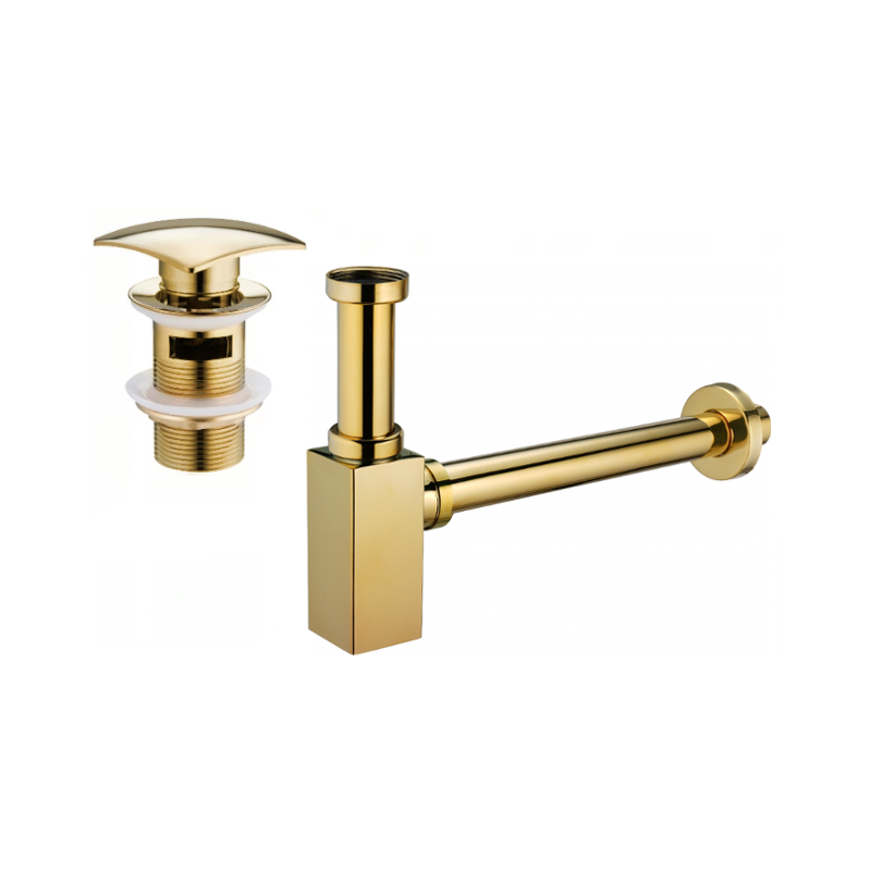 Mexen semisifón de lavabo cuadrado con tapón clic-clac, con rebosadero, dorado - 7992660-50