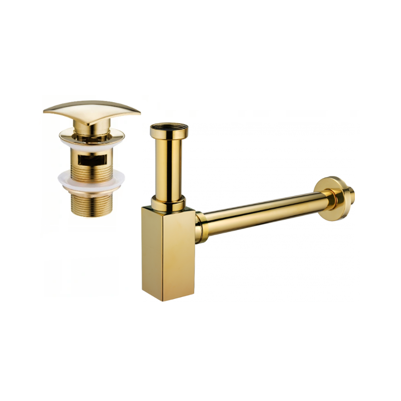 Mexen sifón medio cuadrado para lavabo con tapón click-clack, con rebosadero, dorado - 7992660-50