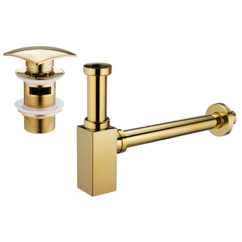 Mexen square basin semi-siphon with click-clack pop-up waste, with overflow, gold - 7992660-50