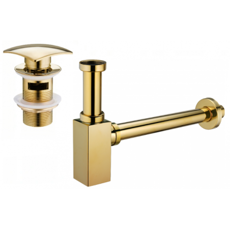 Mexen square basin semi-siphon with click-clack pop-up waste, with overflow, gold - 7992660-50