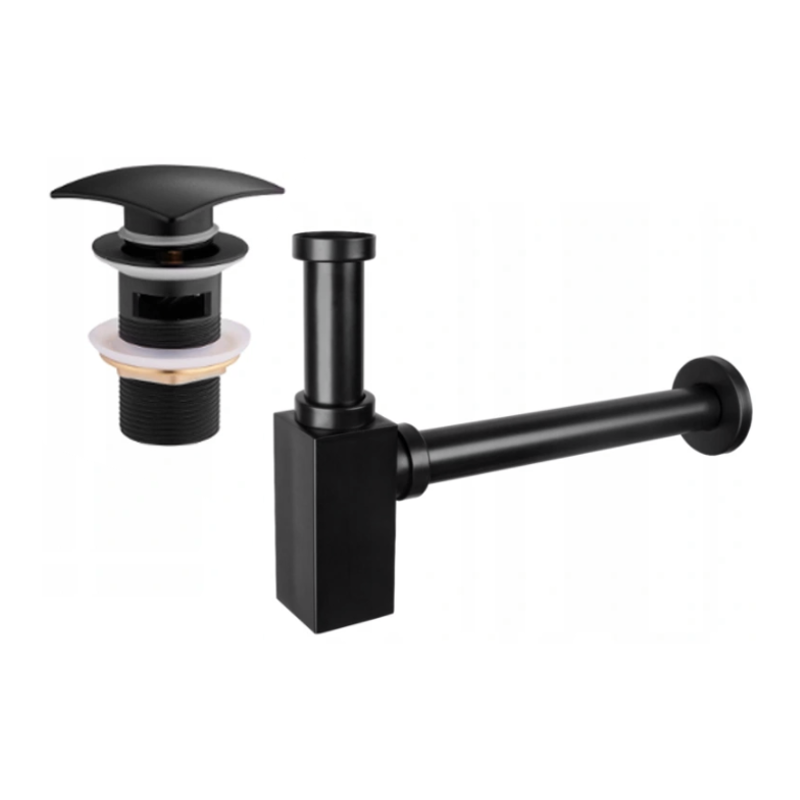 Mexen kwadratische wastafel halfsifon met click-clack plug, met overloop, zwart - 7992660-70