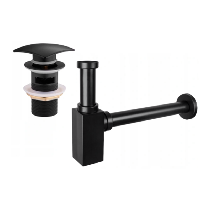 Mexen square washbasin bottle trap with click-clack plug, with overflow, black - 7992660-70