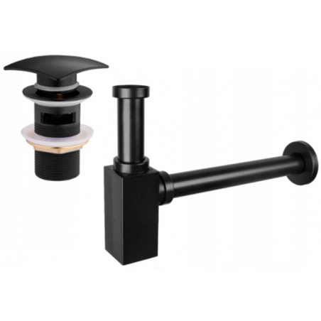 Mexen medio sifón de lavabo cuadrado con tapón click-clack, con rebosadero, negro - 7992660-70