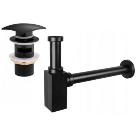 Mexen square washbasin bottle trap with click-clack plug, with overflow, black - 7992660-70