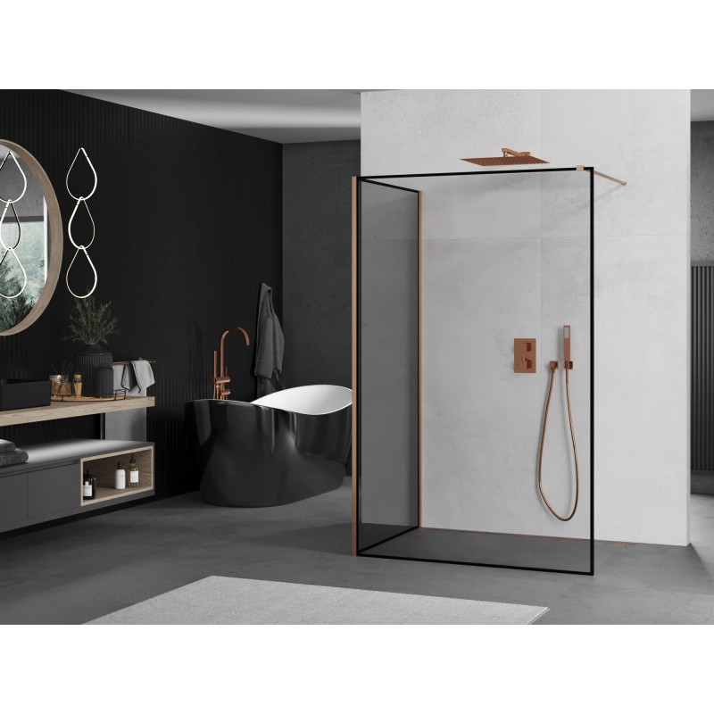 Mexen Kioto Zid za tuš Walk-in 140 x 100 cm, crni okvir, brušena mjed - 800-140-212-65-70-100