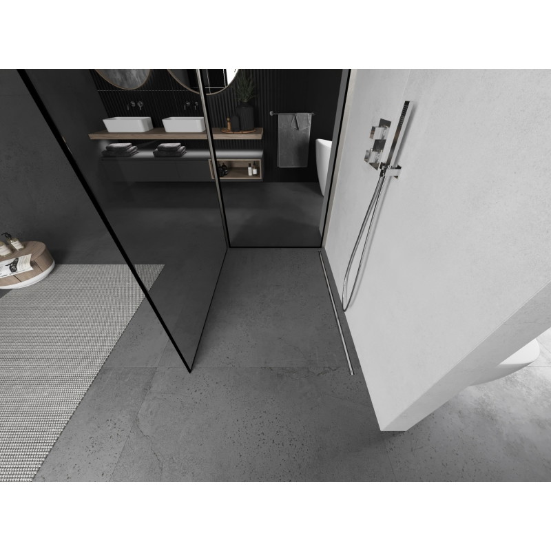 Mexen Kioto zid za tuš kabinu Walk-in 140 x 110 cm, crni okvir, brušeni nikal - 800-140-212-97-70-110