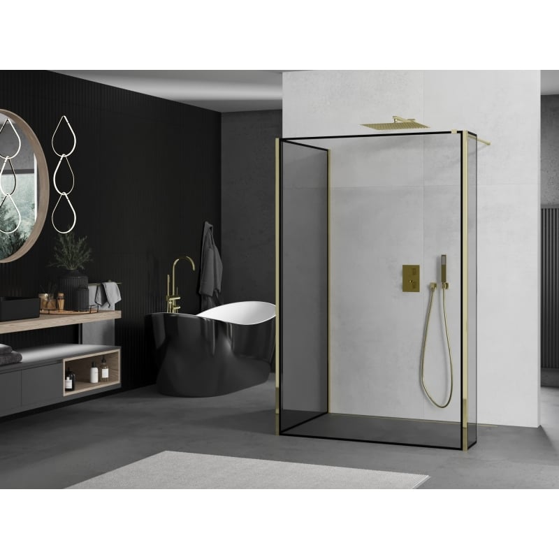 Mexen Kioto ścianka prysznicowa Walk-in 90 x 70 x 40 cm, czarna ramka, złota - 800-090-070-221-50-70-040