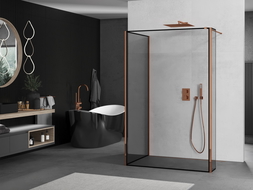 Mexen Kioto tuš stena Walk-in 120 x 110 x 40 cm, črni okvir, rožnato zlato - 800-120-110-221-60-70-040