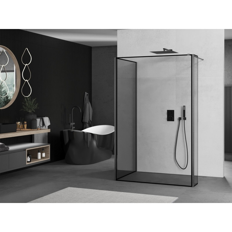 Mexen Kioto Walk-in tuš stijena 140 x 120 x 30 cm, crni okvir, četkani gun gray - 800-140-120-221-66-70-030